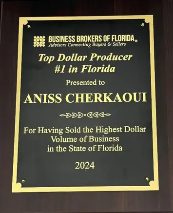 Award plaque for Aniss Cherkaoui, top business broker in Florida, presented by Business Brokers of Florida (BBF), 2024